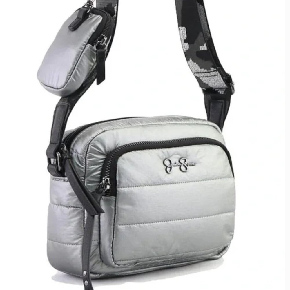 Jessica Simpson Portia Metallic Silver Signature Crossbody Camera Bag